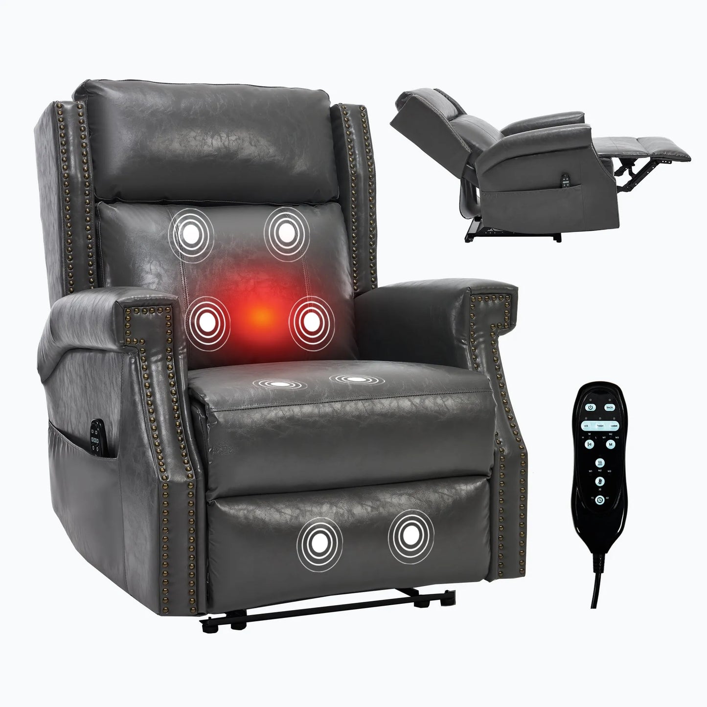 Gray massage recliner chair with massage points and remote control on a white background