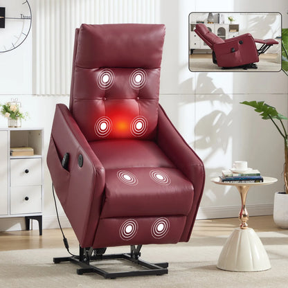 Red massage lift chair with visible massage points in a living room setting