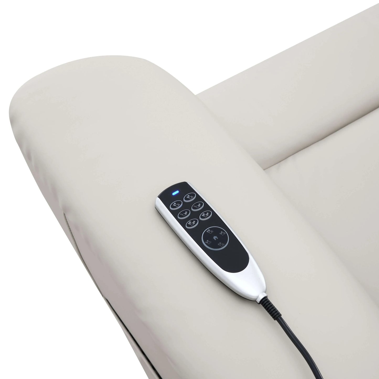 Light gray recliner lift chair armrest with a control panel on a white background