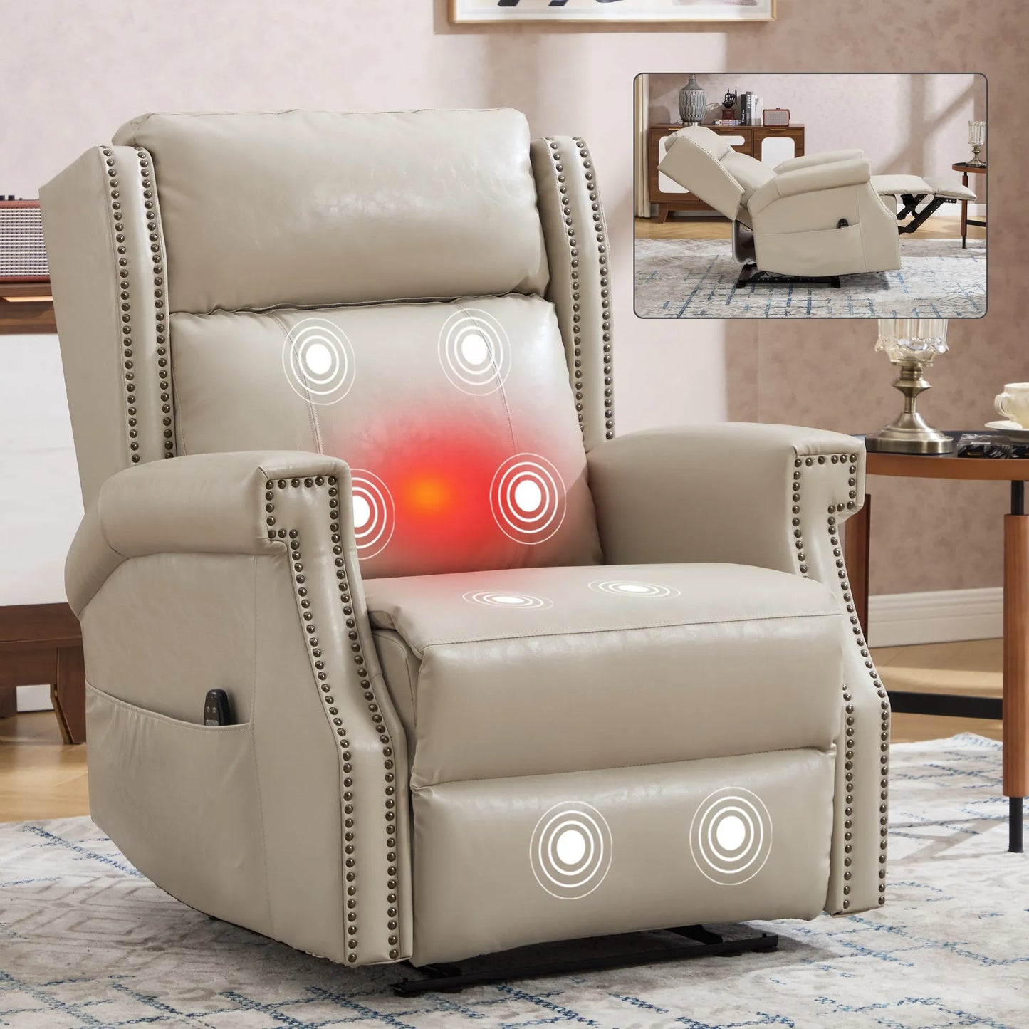 Beige recliner chair with decorative rivets and massage points highlighted in a living room setting