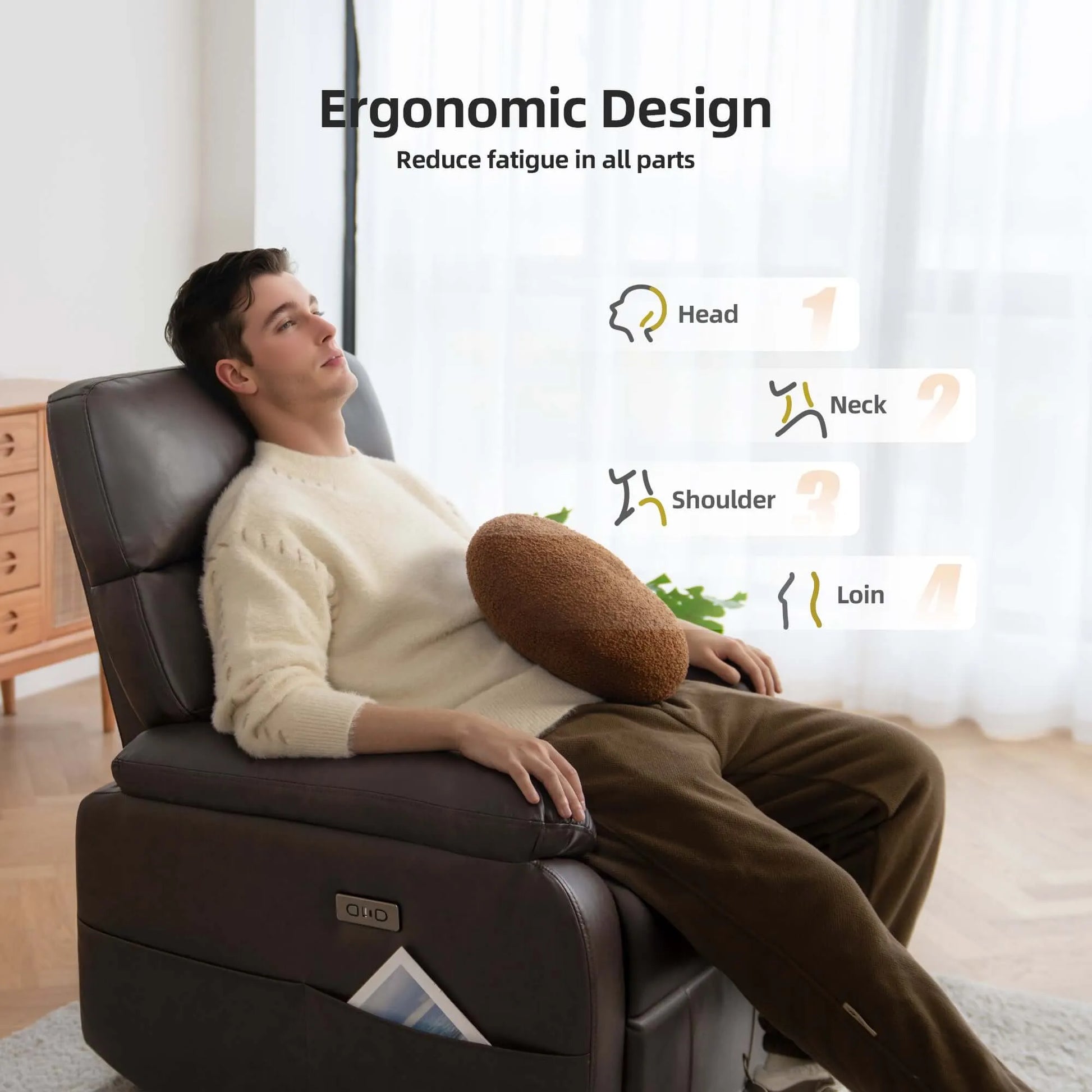 Man relaxing in a massage chair with ergonomic design features highlighted.