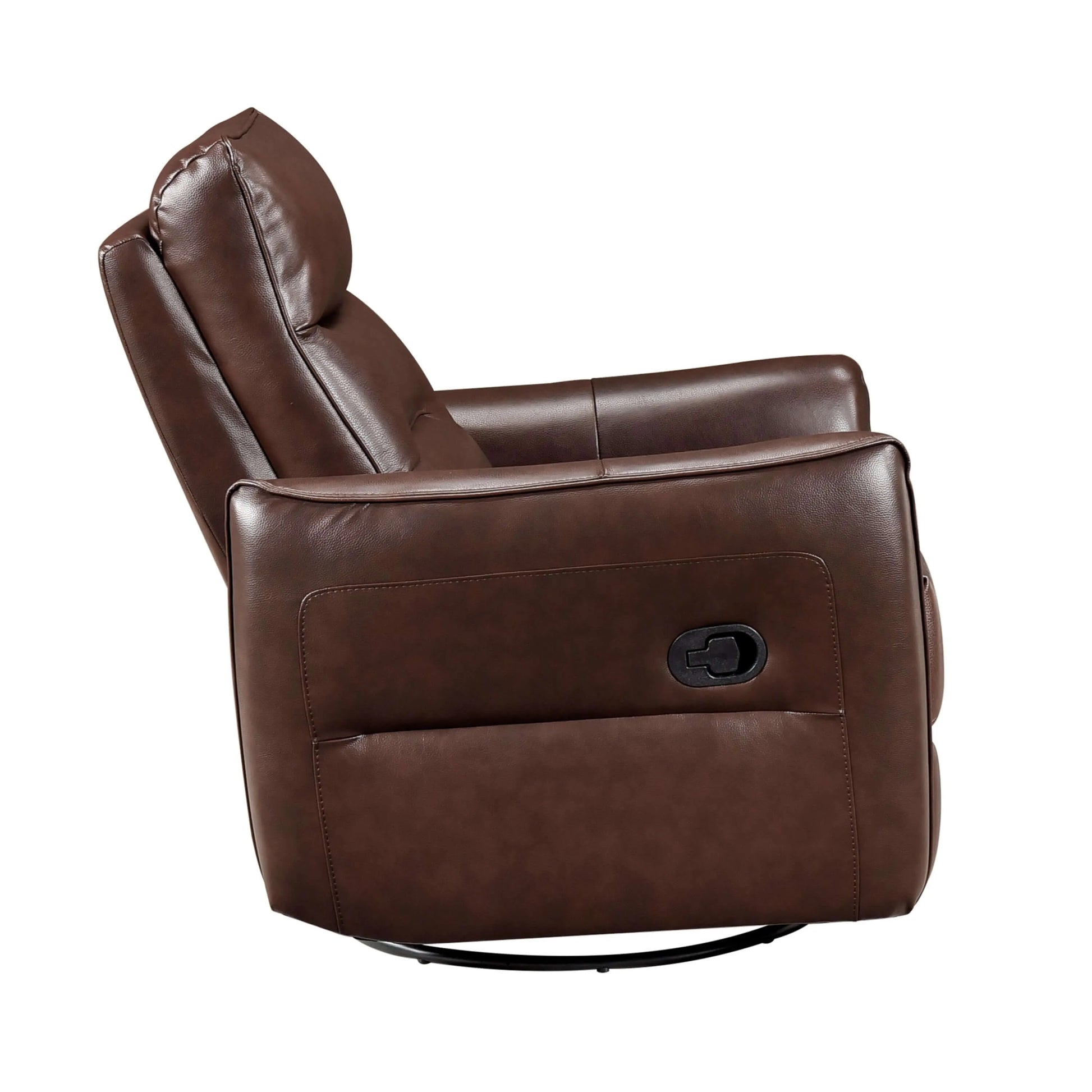 Side view of a brown leather recliner chair with manual pull handle on a white background