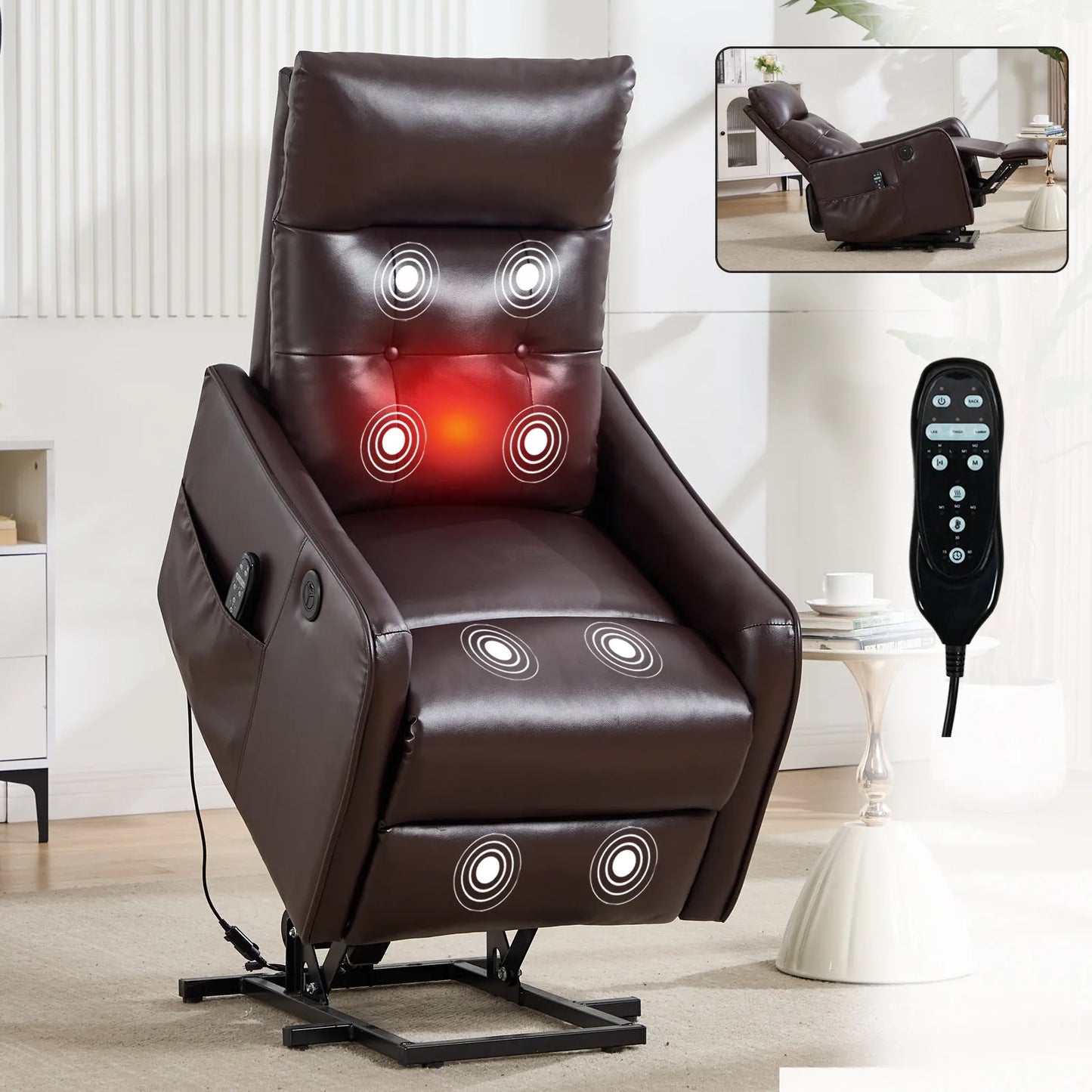 Brown massage lift chair with visible massage points and remote control in a room setting.