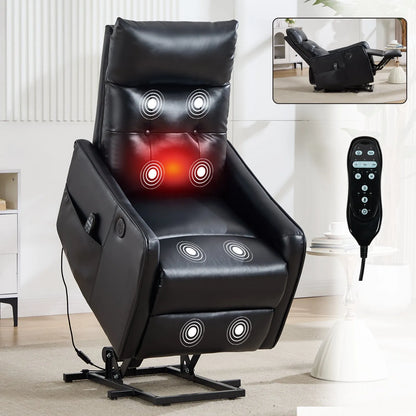 Black massage chair with red lights and control panel in a room setting