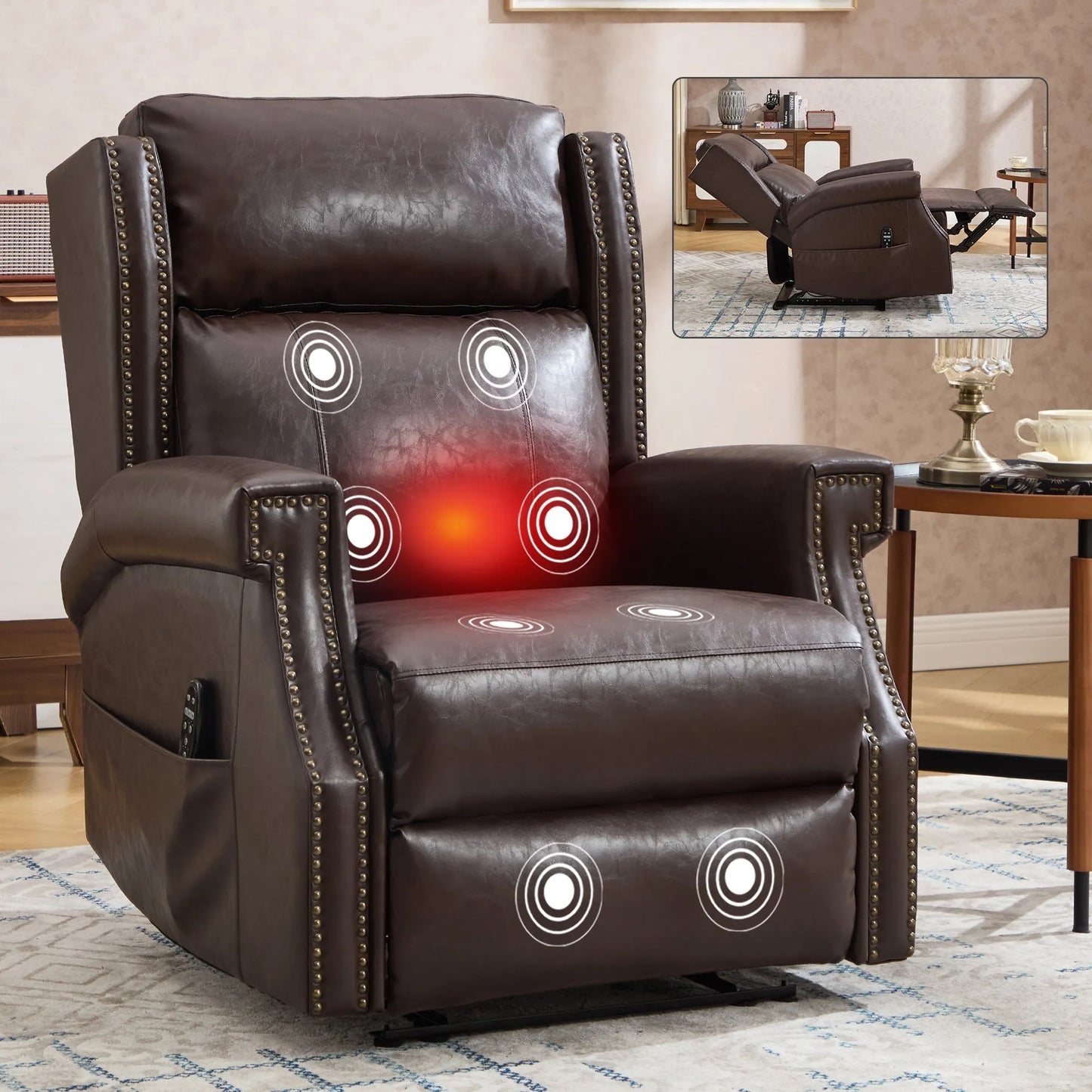 Brown leather recliner chair with heating indicators in a living room setting