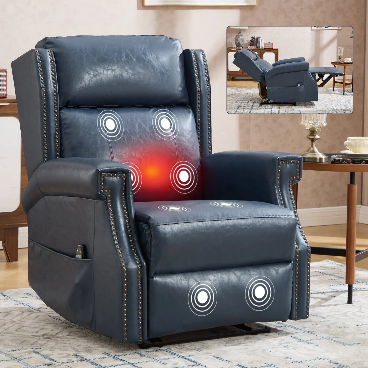 Blue leather recliner chair with massage points and heating indicator in a living room setting.
