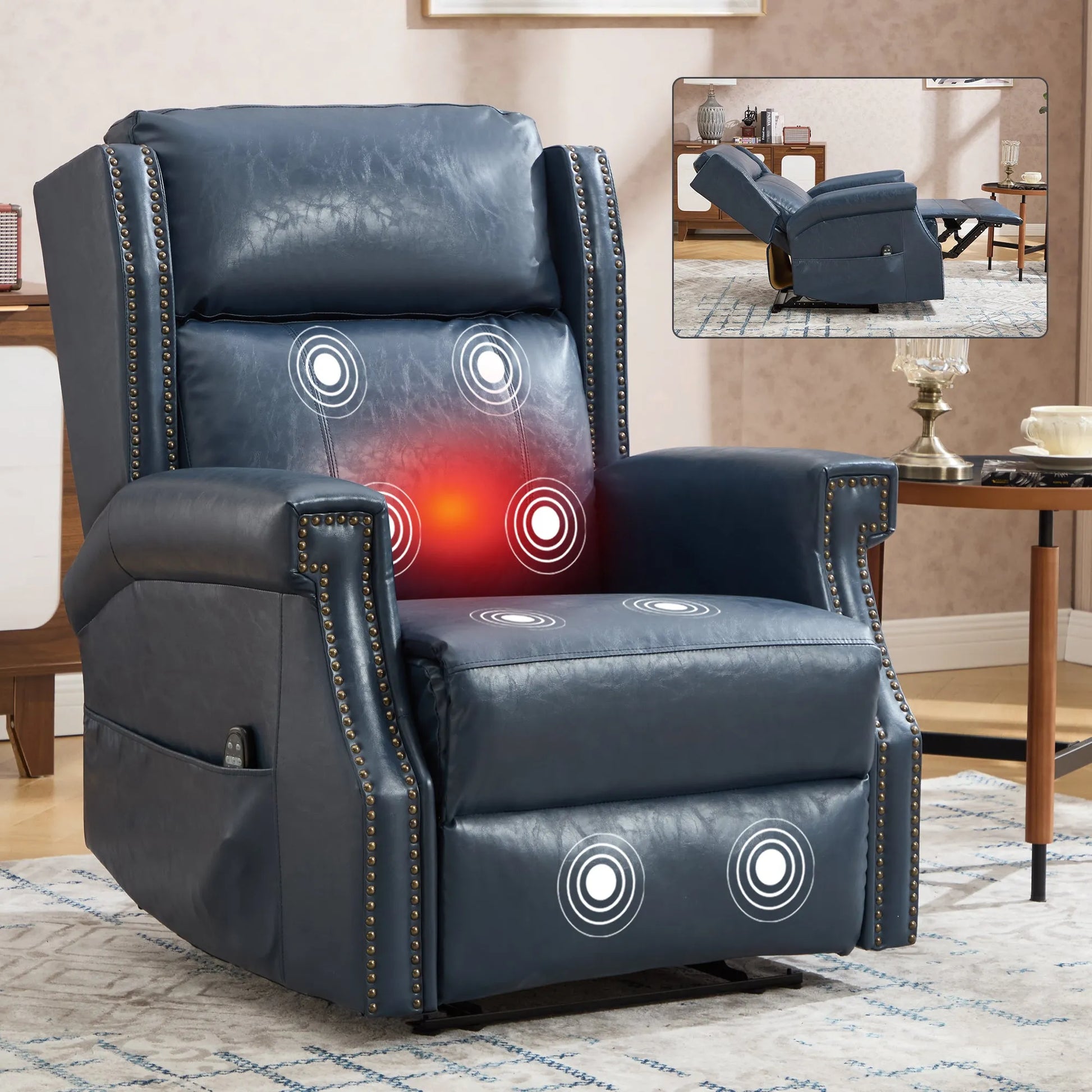 Blue leather recliner chair with massage points and heating indicator in a living room setting.