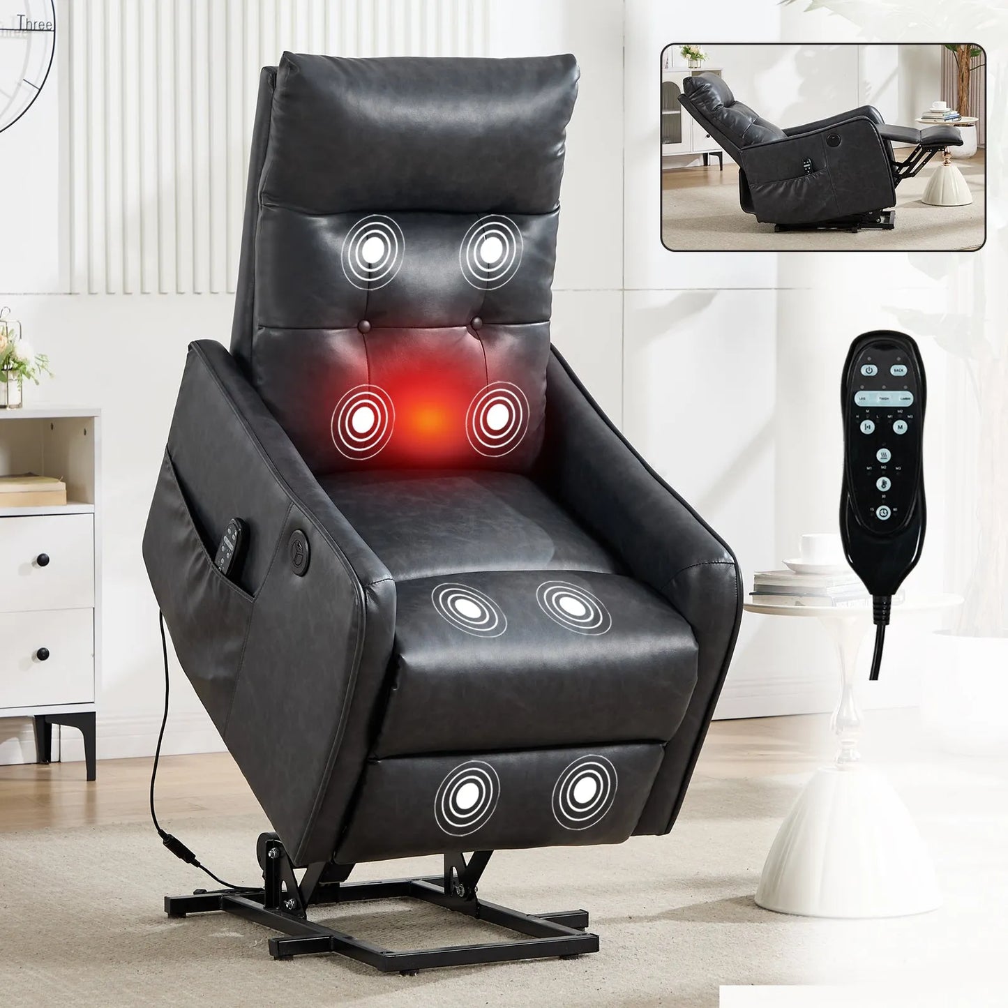 Black massage lift chair with red light and remote control on a white background