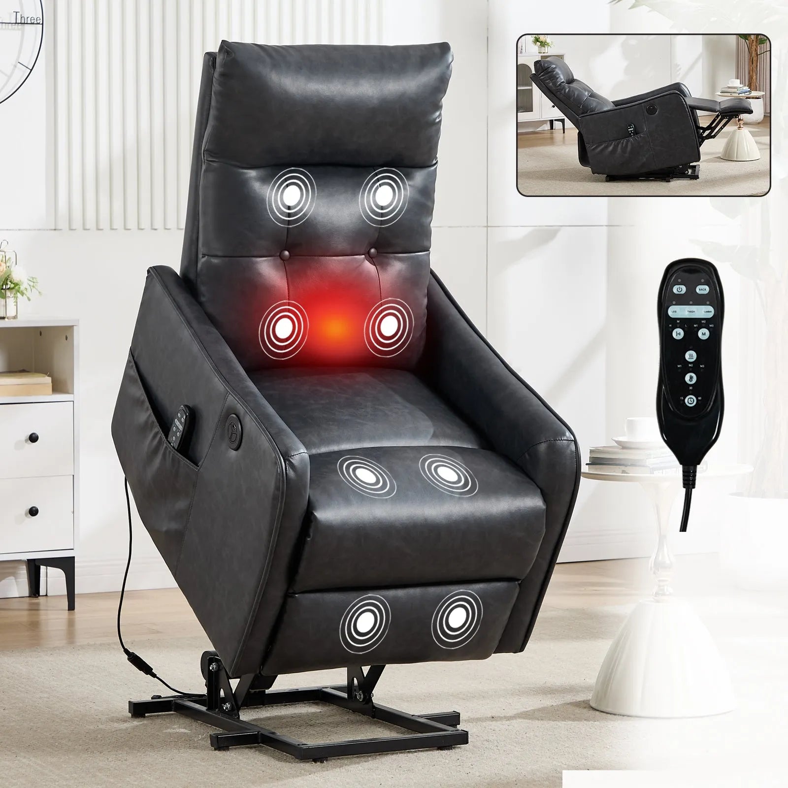 Black massage lift chair with red light and remote control on a white background