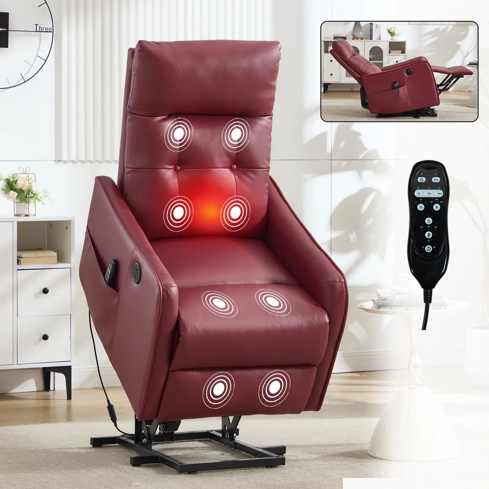 Red massage lift chair with heat therapy and remote control in a home setting