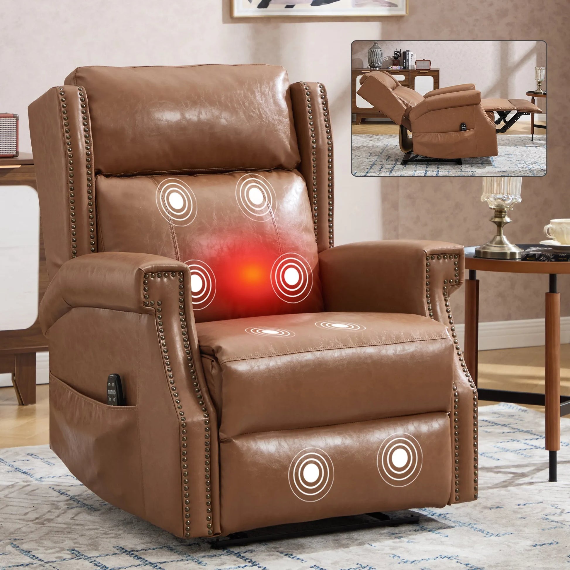 Brown leather recliner chair with heating indicator in a living room setting