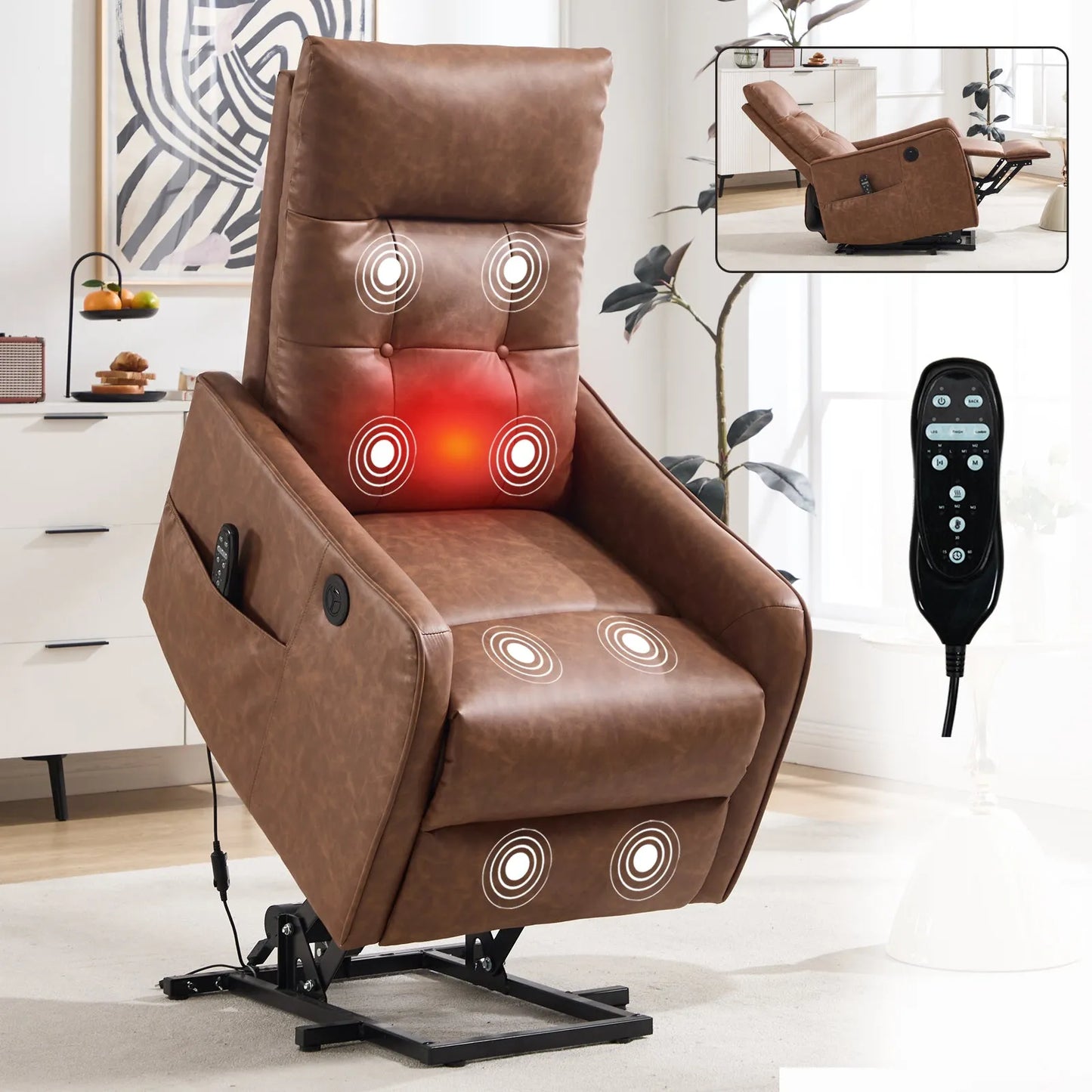 Brown massage lift chair with red light and remote control in a room setting