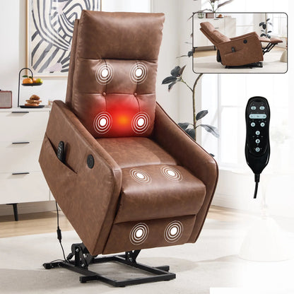 Brown massage lift chair with red light and remote control in a room setting