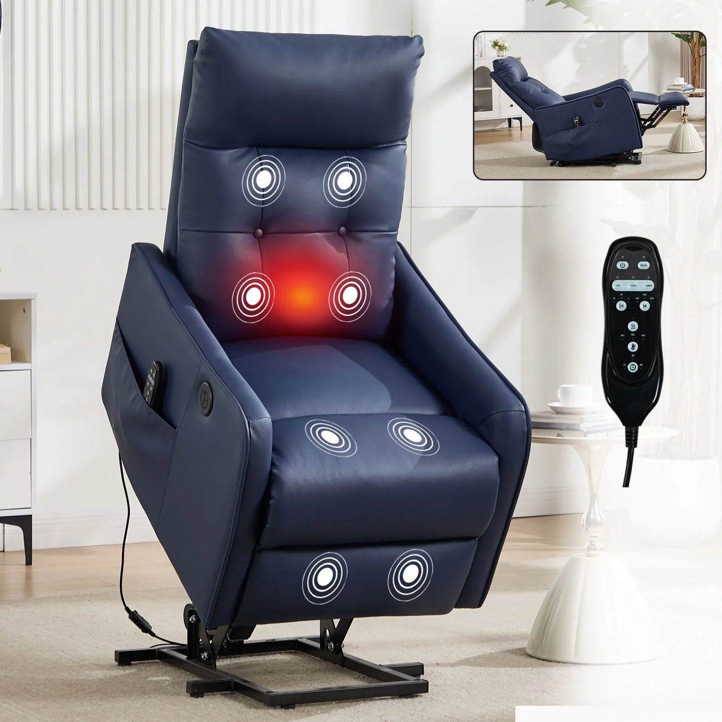 Blue massage lift chair with red light on a white background