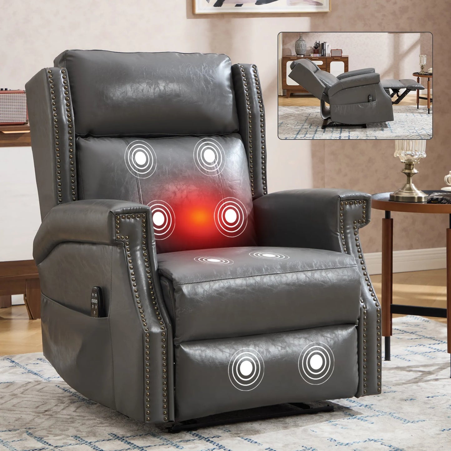 Gray recliner chair with heating points highlighted in a living room setting