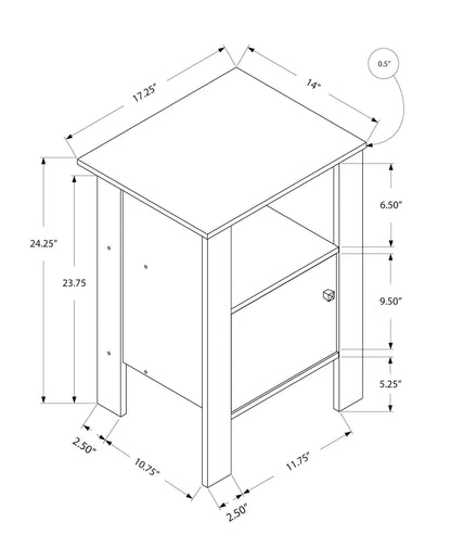 Technical drawing of an end table with dimensions labeled