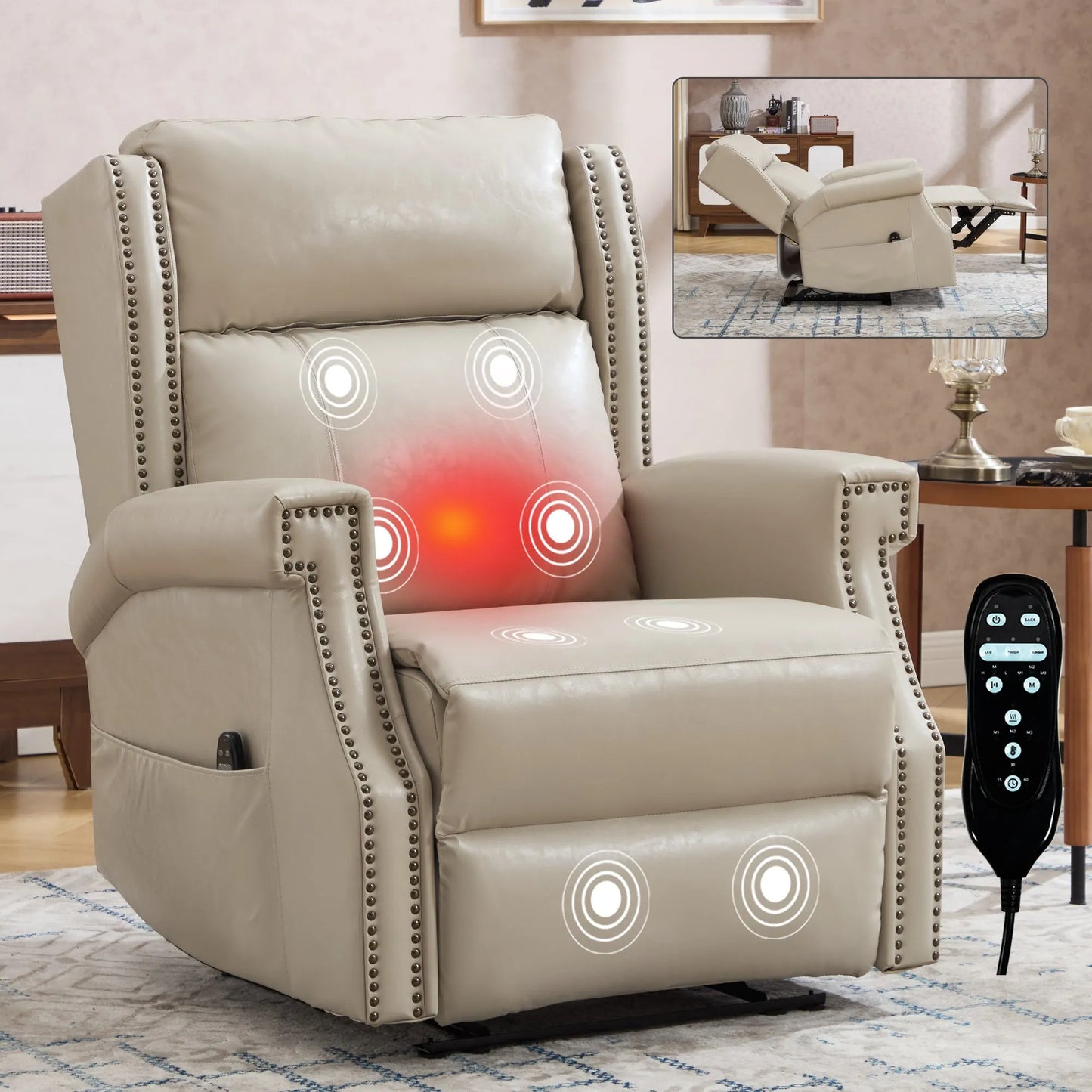 Beige recliner chair with massage points and remote control in a living room setting