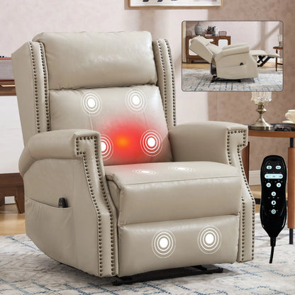 Beige recliner chair with massage points and remote control in a living room setting