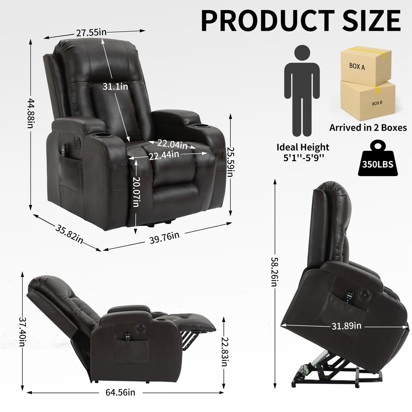 350 LB Power Lift Recliner w/ Massage, Heat, USB & Cup Holders-Brown