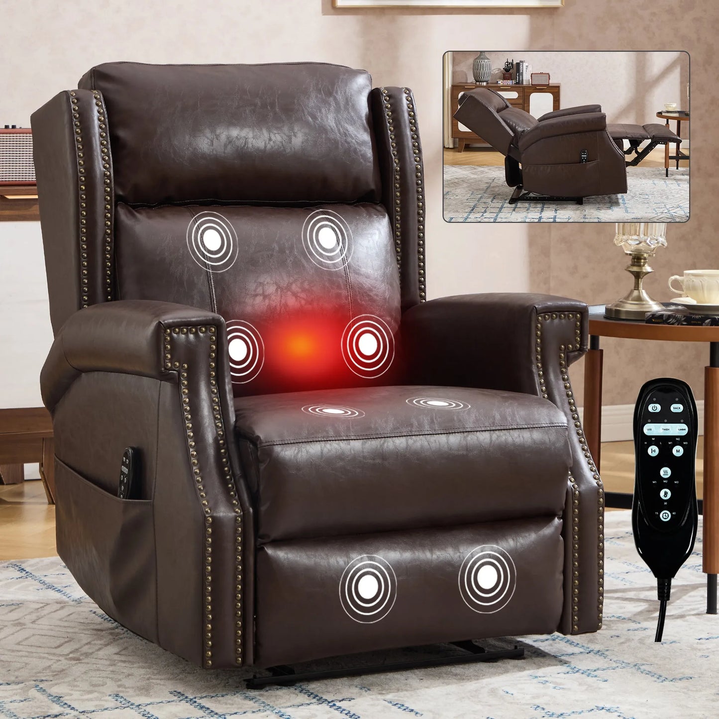 Brown leather recliner chair with massage points and remote control in a living room setting.