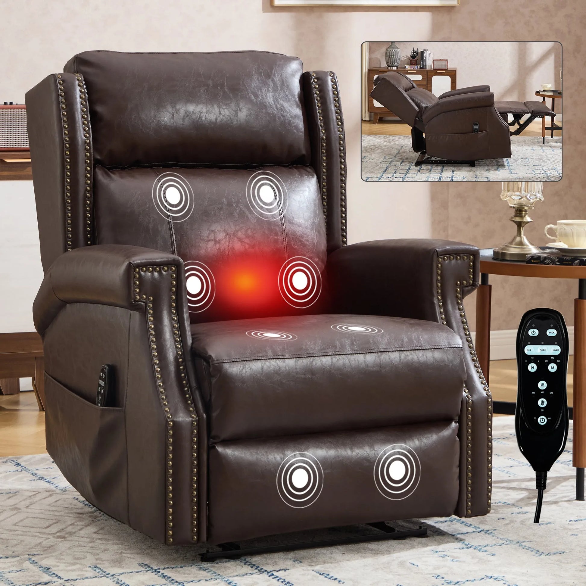 Brown leather recliner chair with massage points and remote control in a living room setting.