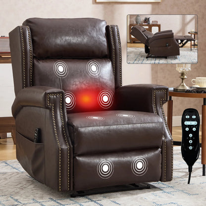 Brown leather recliner chair with massage points and remote control in a living room setting.