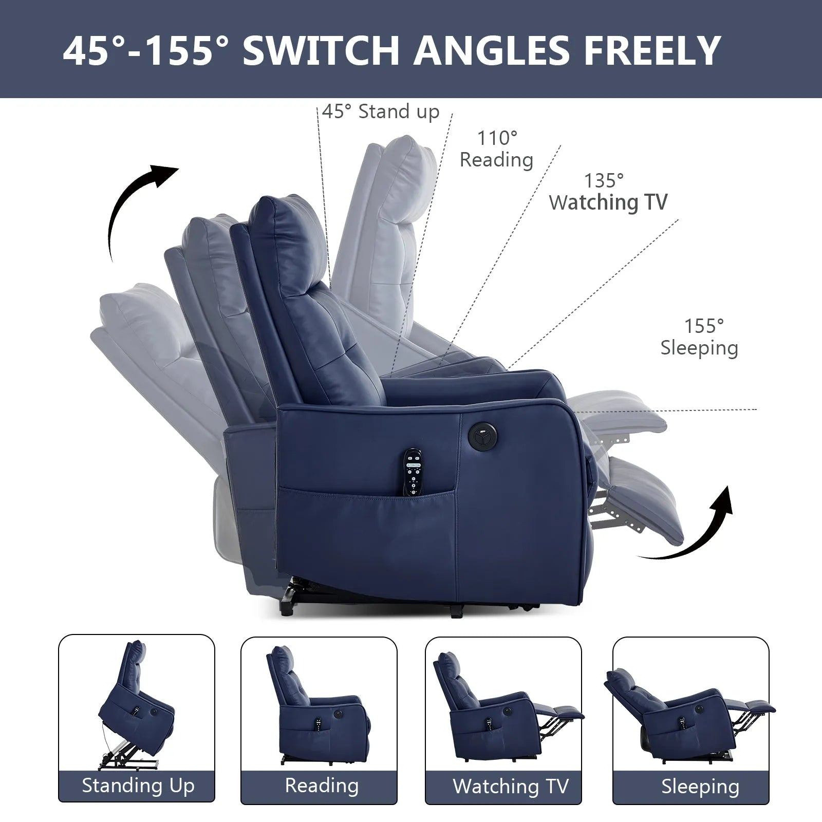 Blue recliner chair with adjustable angles and features on a white background