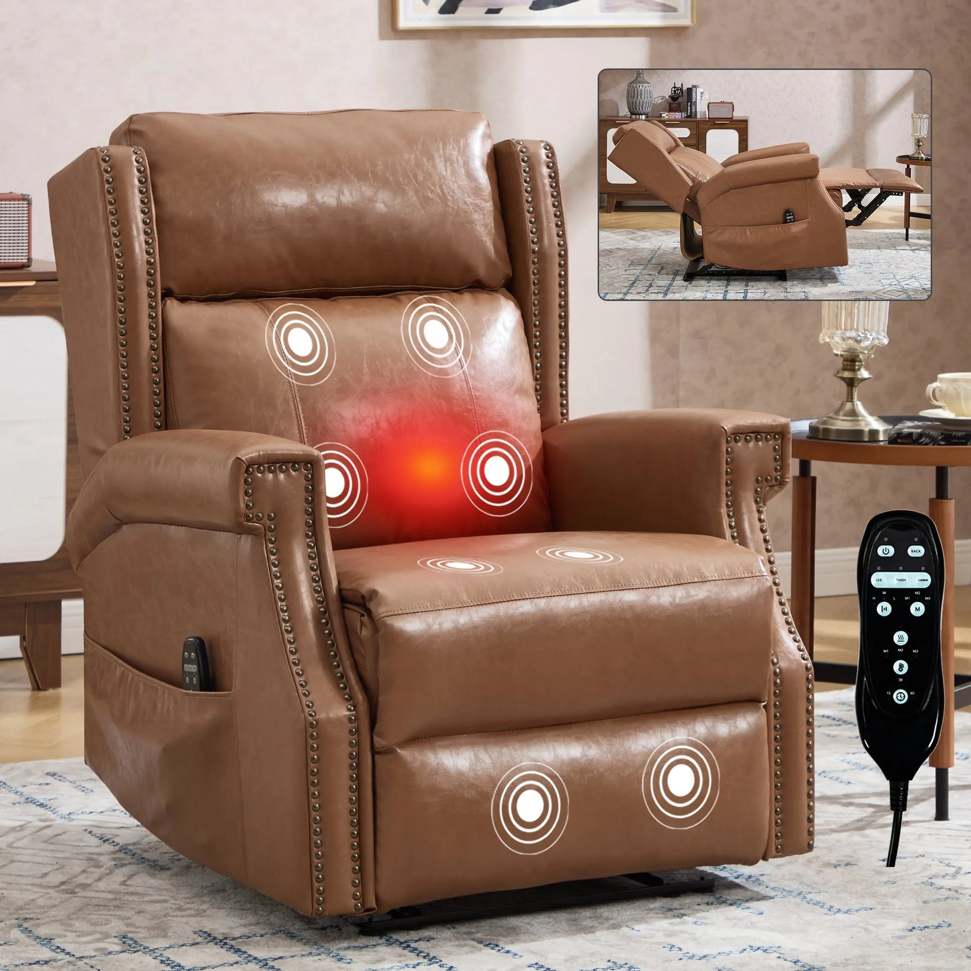 Brown leather recliner chair with remote control and power buttons in a living room setting.