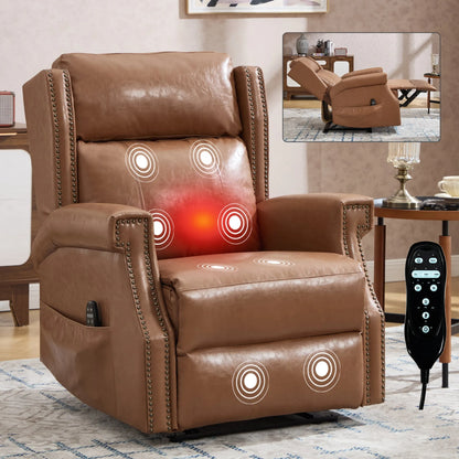 Brown leather recliner chair with remote control and power buttons in a living room setting.