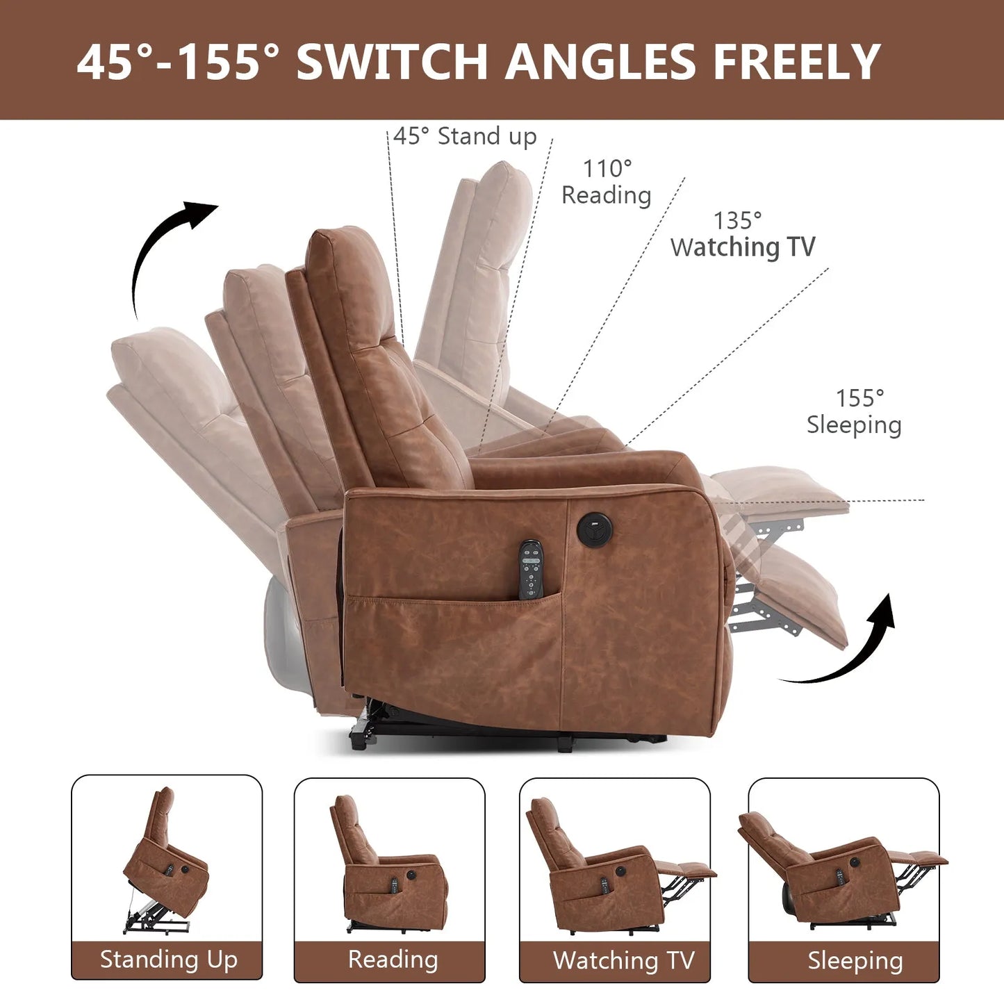 Brown recliner chair with adjustable angles and remote control on a white background