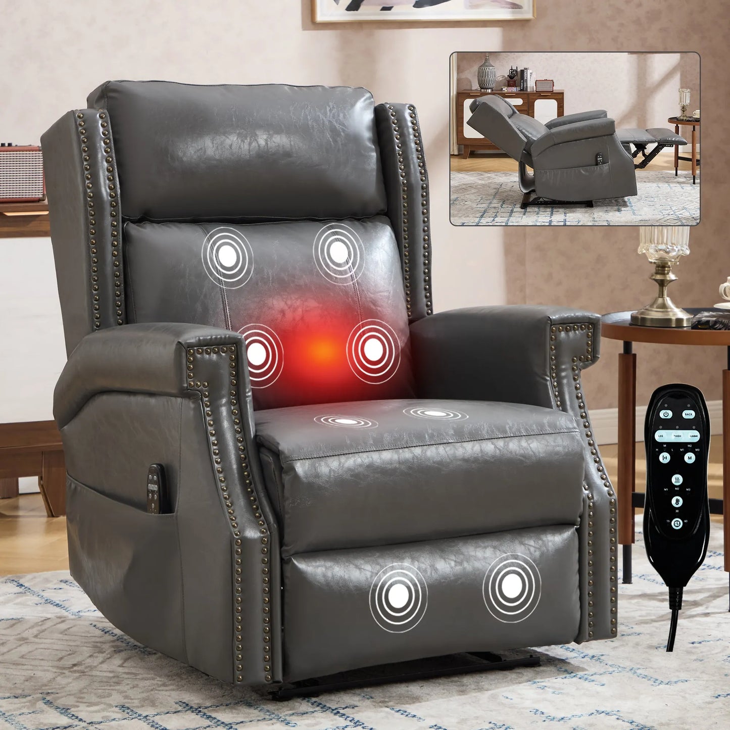 Gray recliner chair with massage and heating functions in a living room setting.