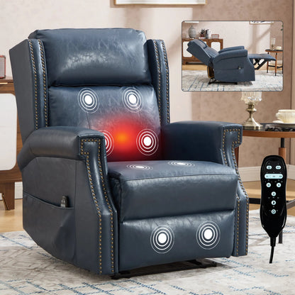 Blue leather recliner chair with massage and heating functions in a living room setting.