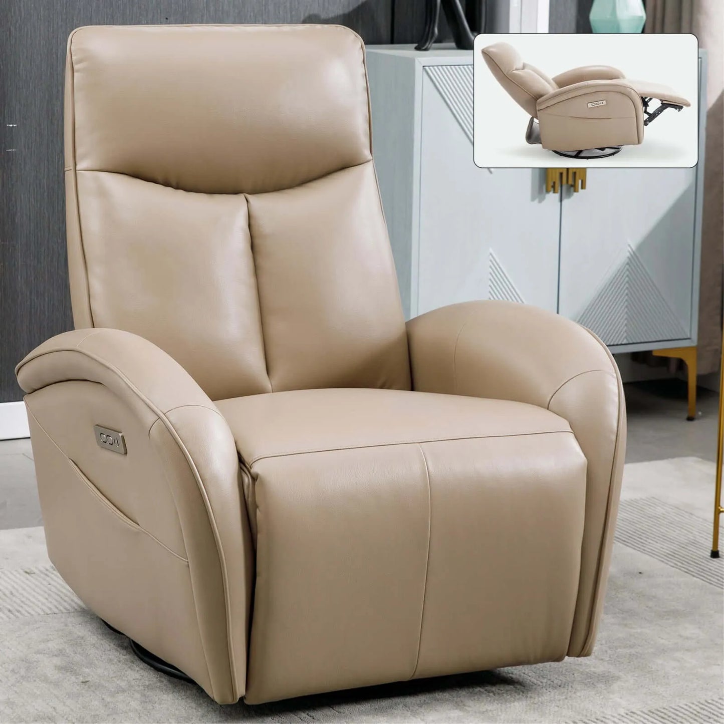 Brown recliner chair in a room setting with an inset showing a similar product.