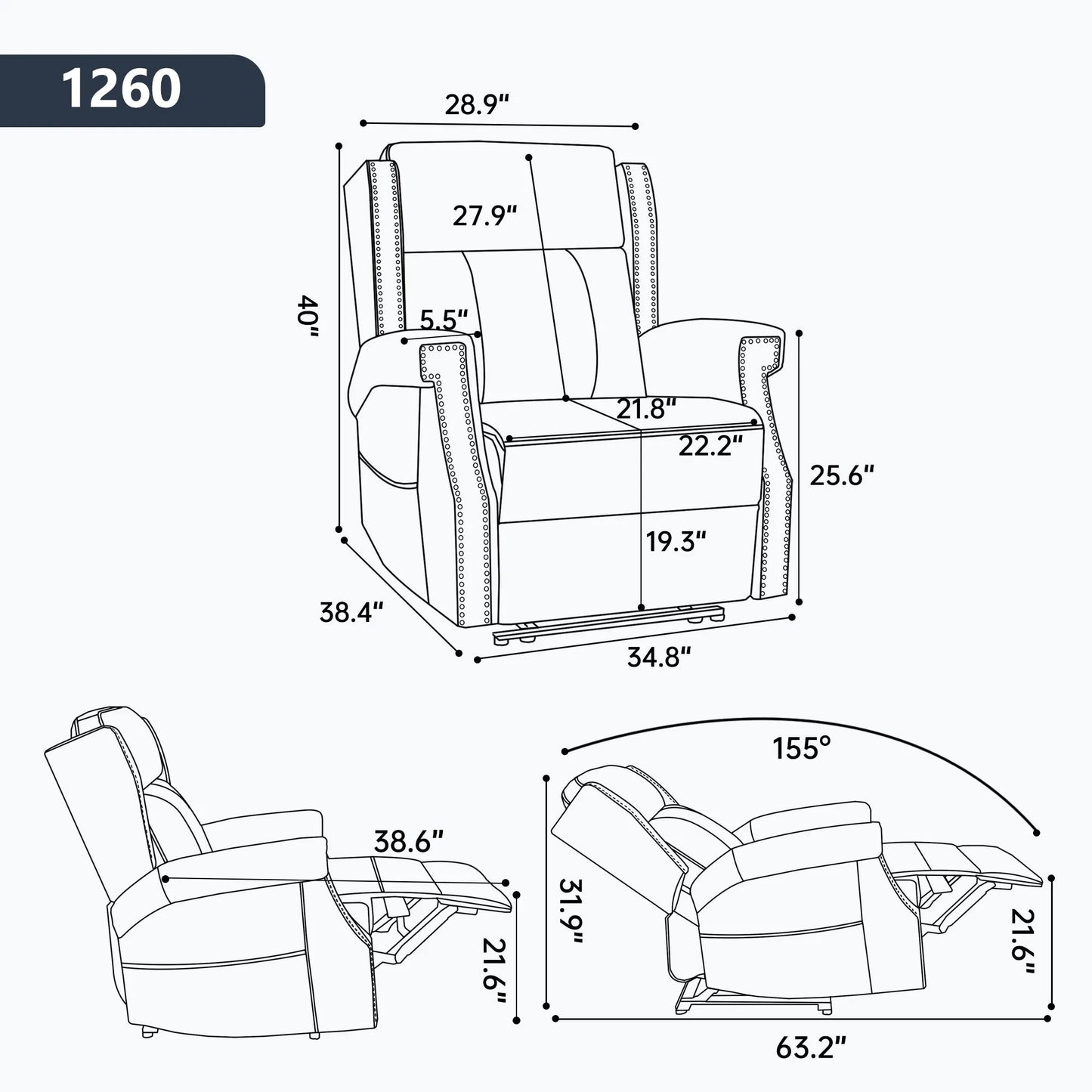 Measurement chart of a recliner chair with dimensions labeled