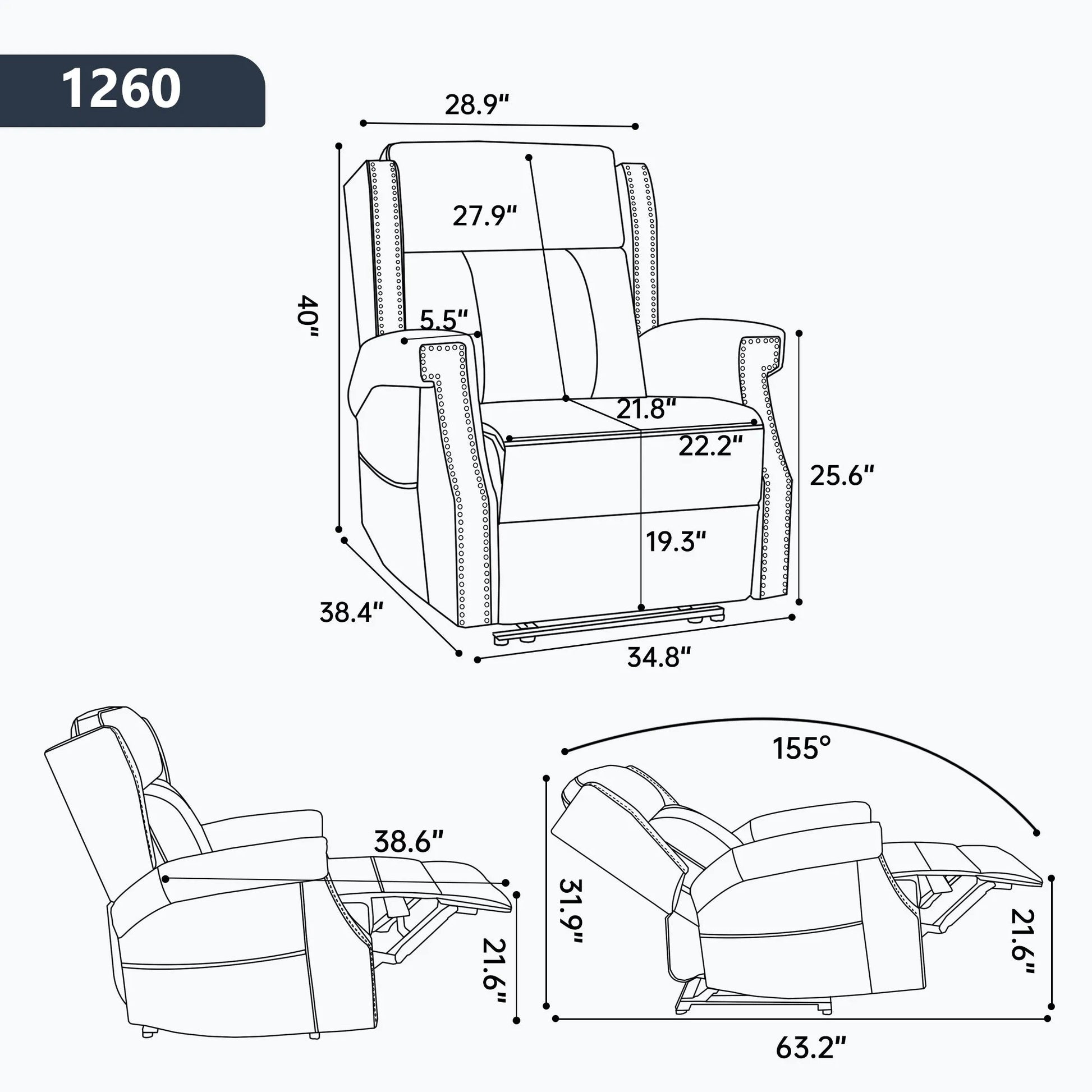 Measurement chart of a recliner chair with dimensions labeled