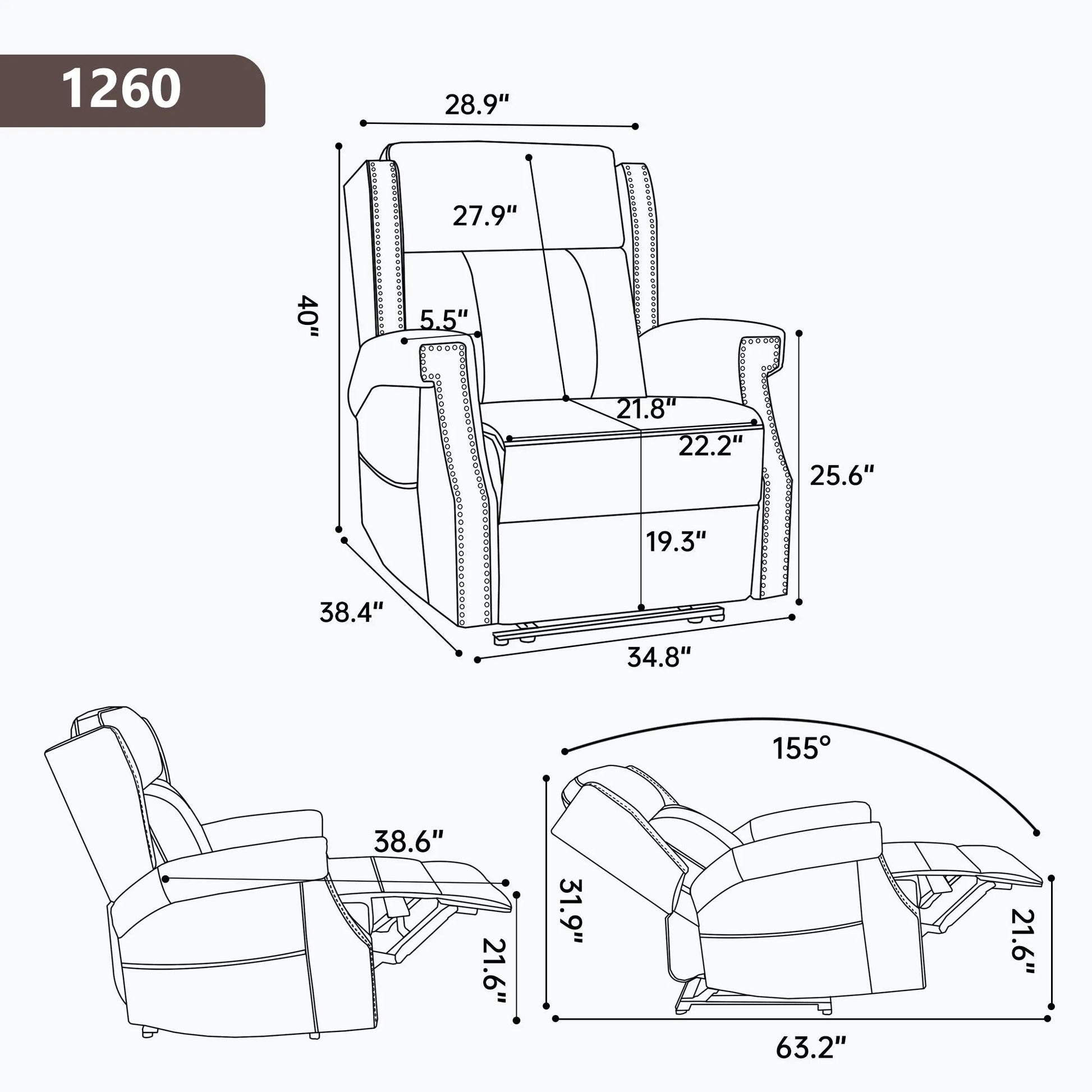 Measurement chart of a recliner chair with dimensions labeled