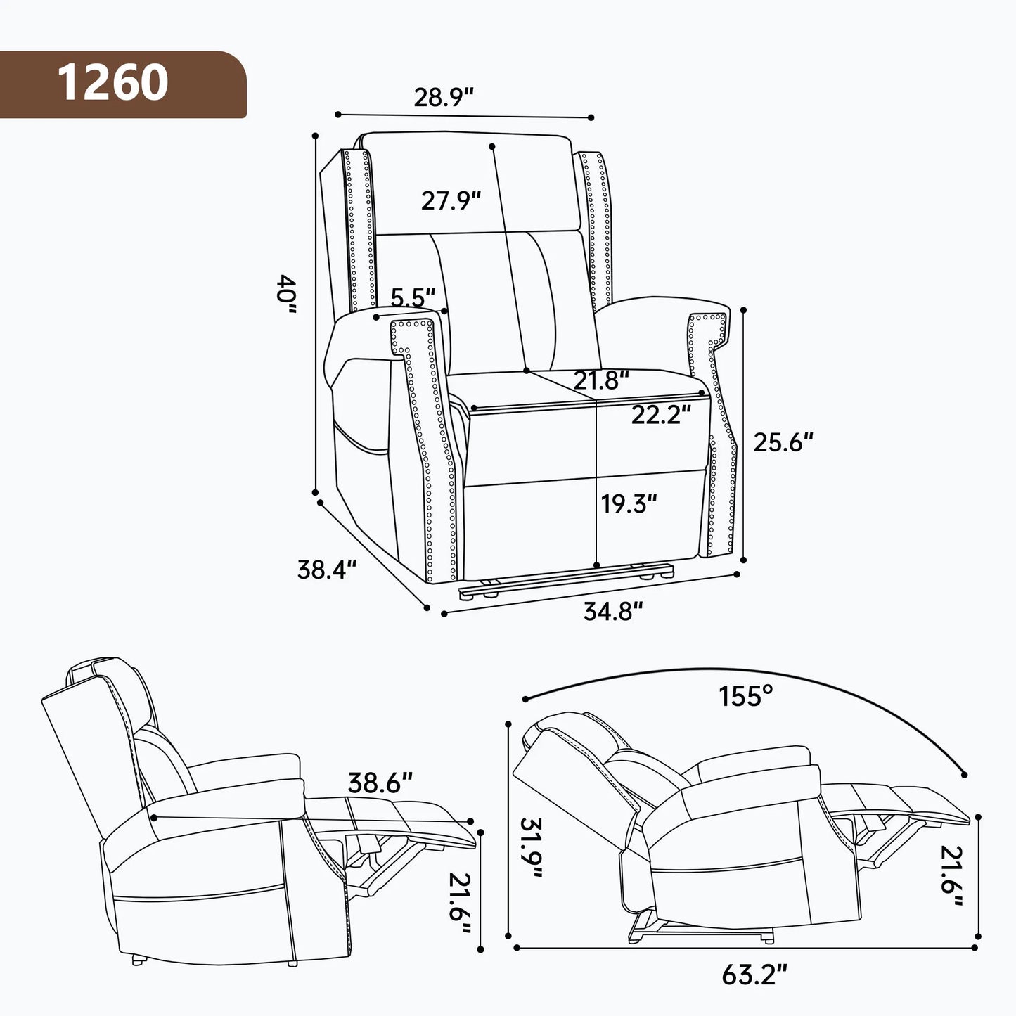 Measurement chart of a recliner chair with dimensions labeled