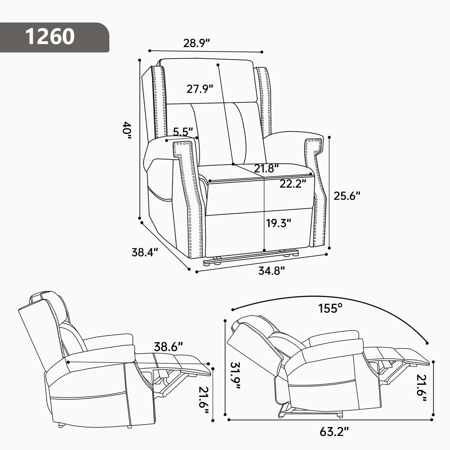 Measurement chart of a recliner chair with dimensions in inches.