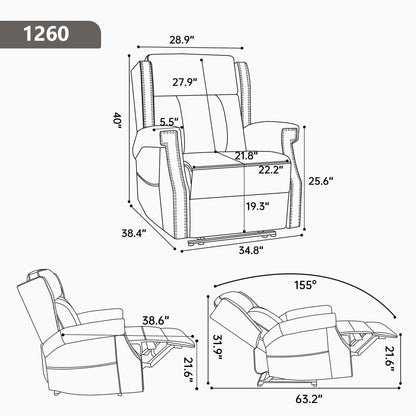 Measurement chart of a recliner chair with dimensions in inches.