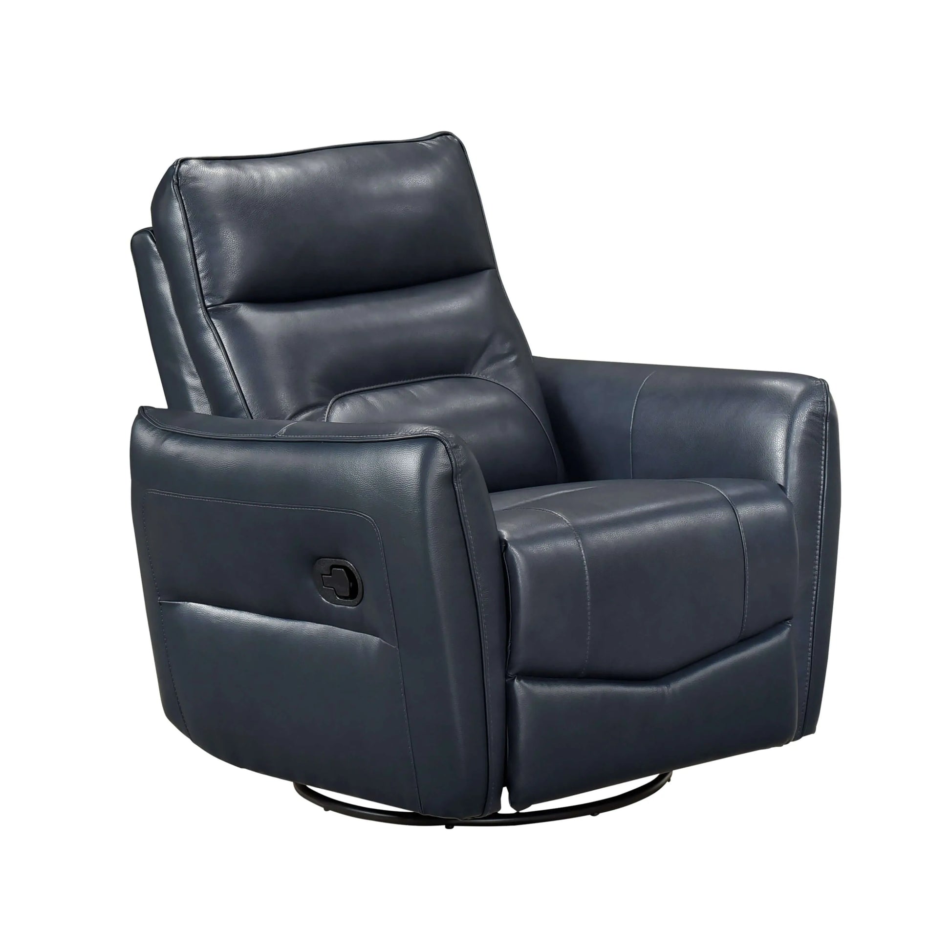Blue leather recliner chair with manual handle and swivel base on a white background