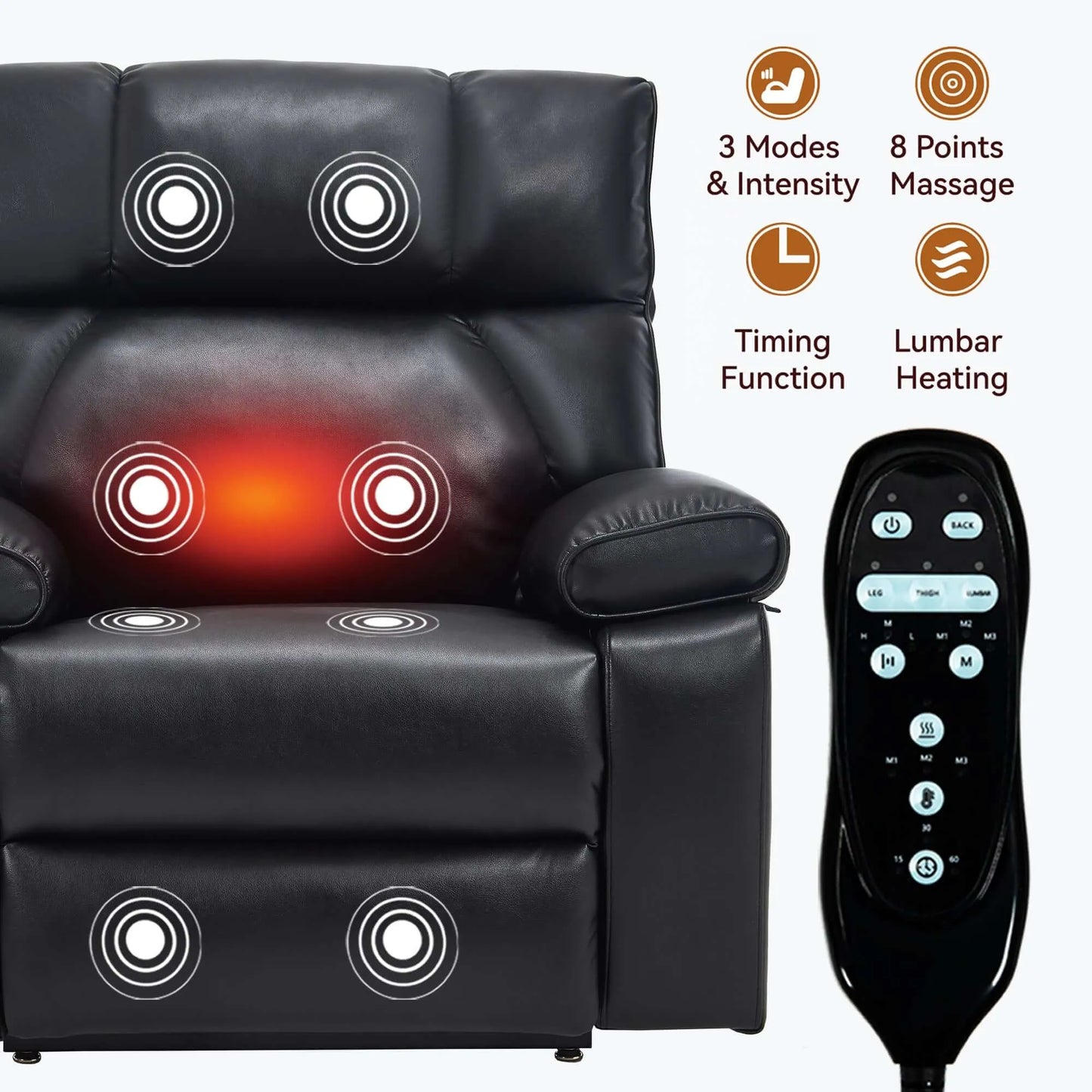 Black massage chair with heating function and remote control on a white background