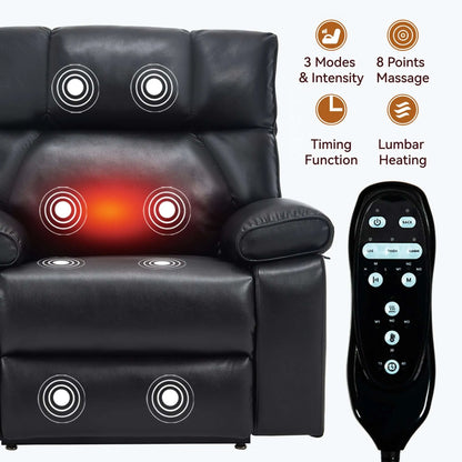 Black massage chair with heating function and remote control on a white background