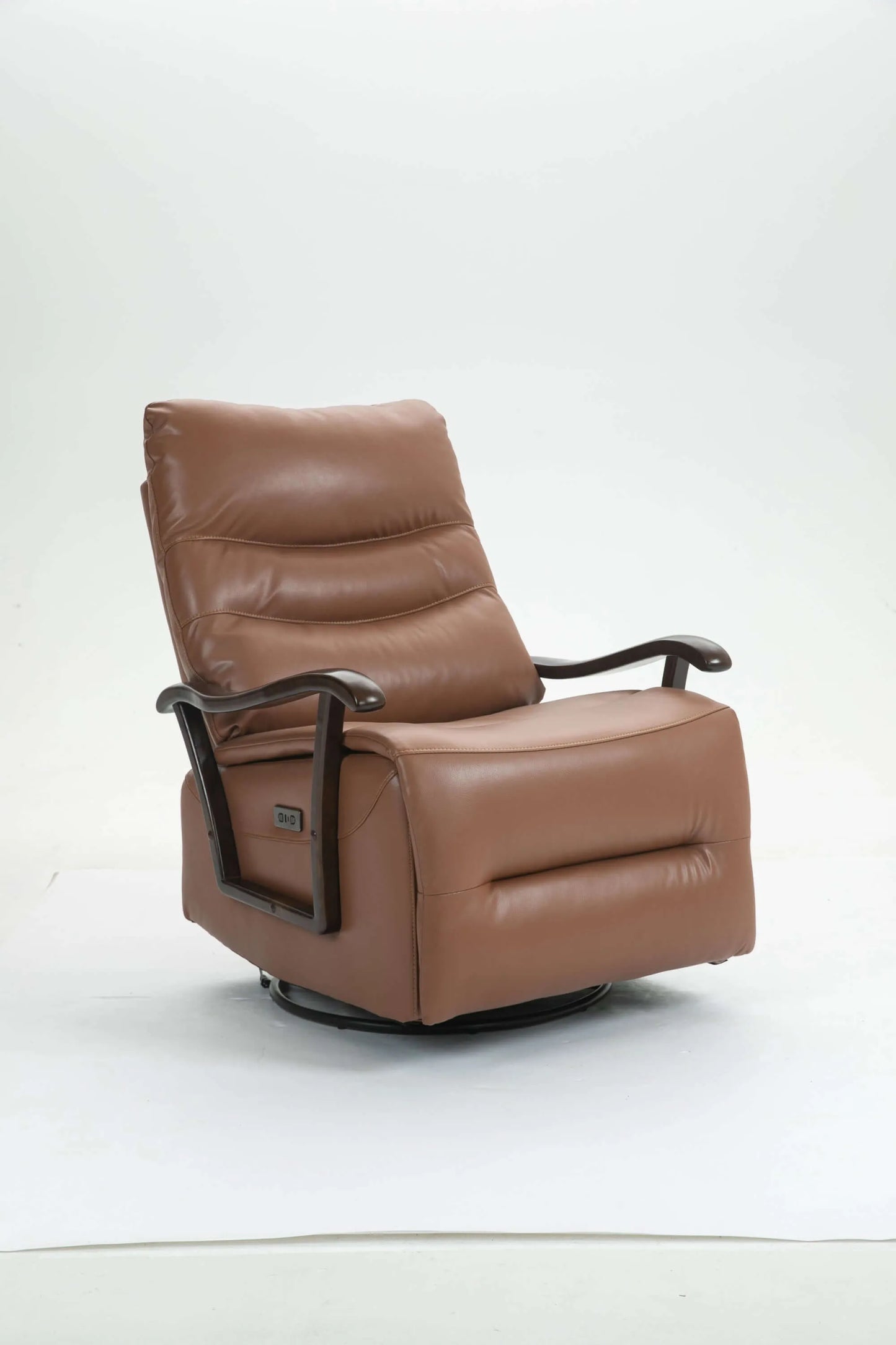 Front angle view of a brown leather recliner chair on a white background