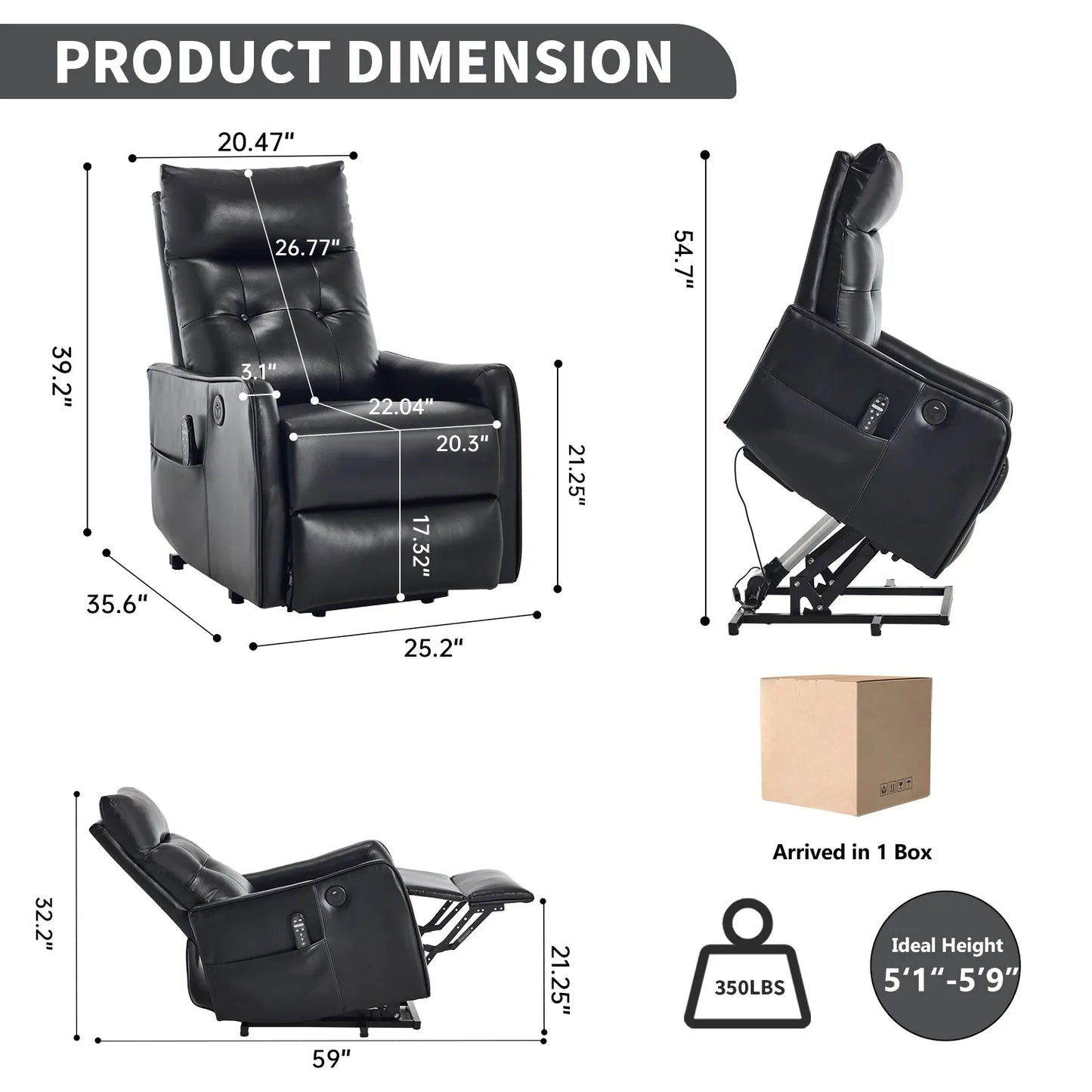 Black lift recliner chair with dimensions and product details on a white background