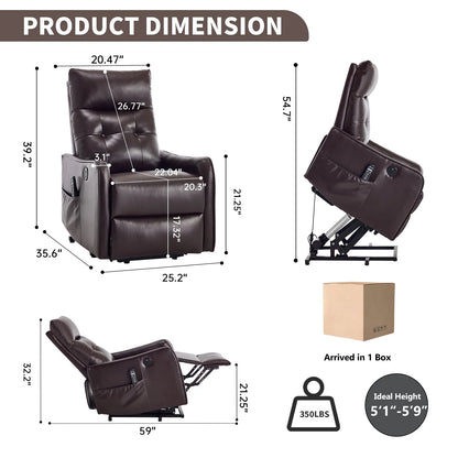 Brown recliner lift chair with dimensions and product details on a white background