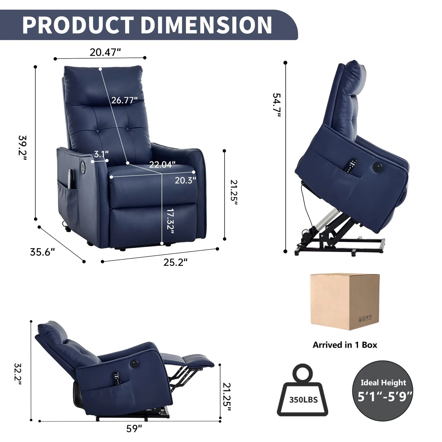 Navy blue recliner lift chair with dimensions and product details on a white background