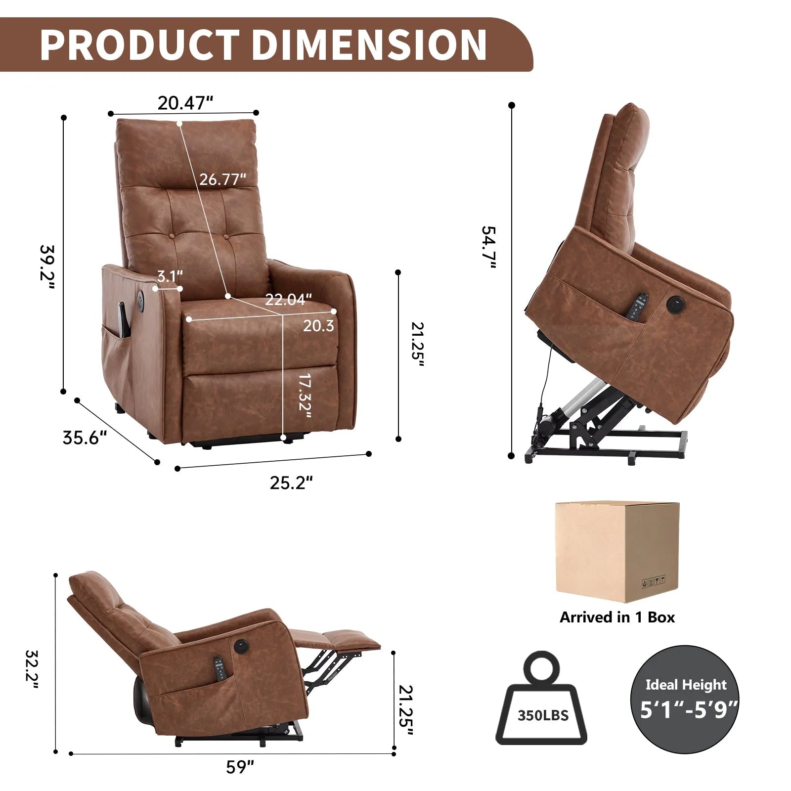 Brown recliner chair with dimensions and product details on a white background