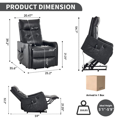 Black recliner chair with dimensions and product details on a white background