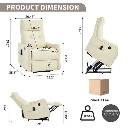 Dimensions and weight information of a beige recliner chair with a cardboard box.
