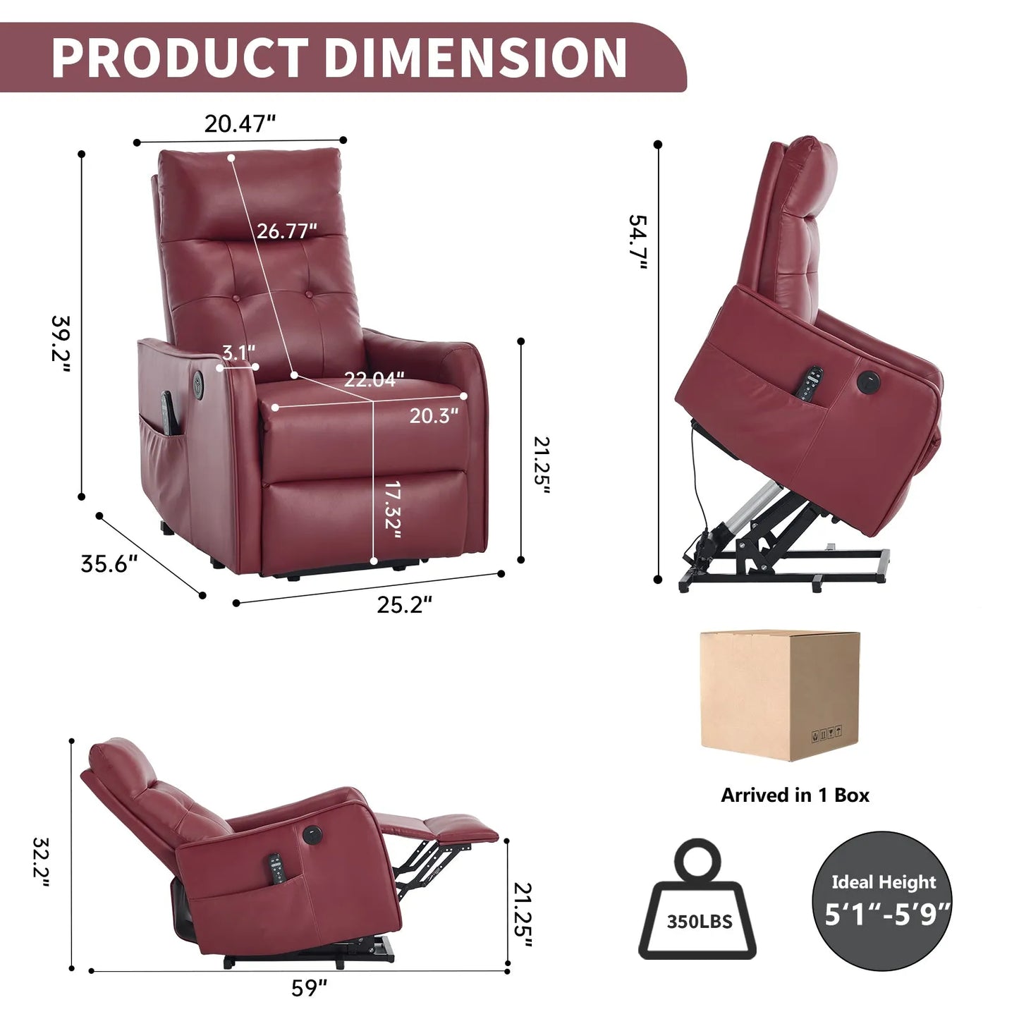 Red recliner lift chair with dimensions and product details on a white background